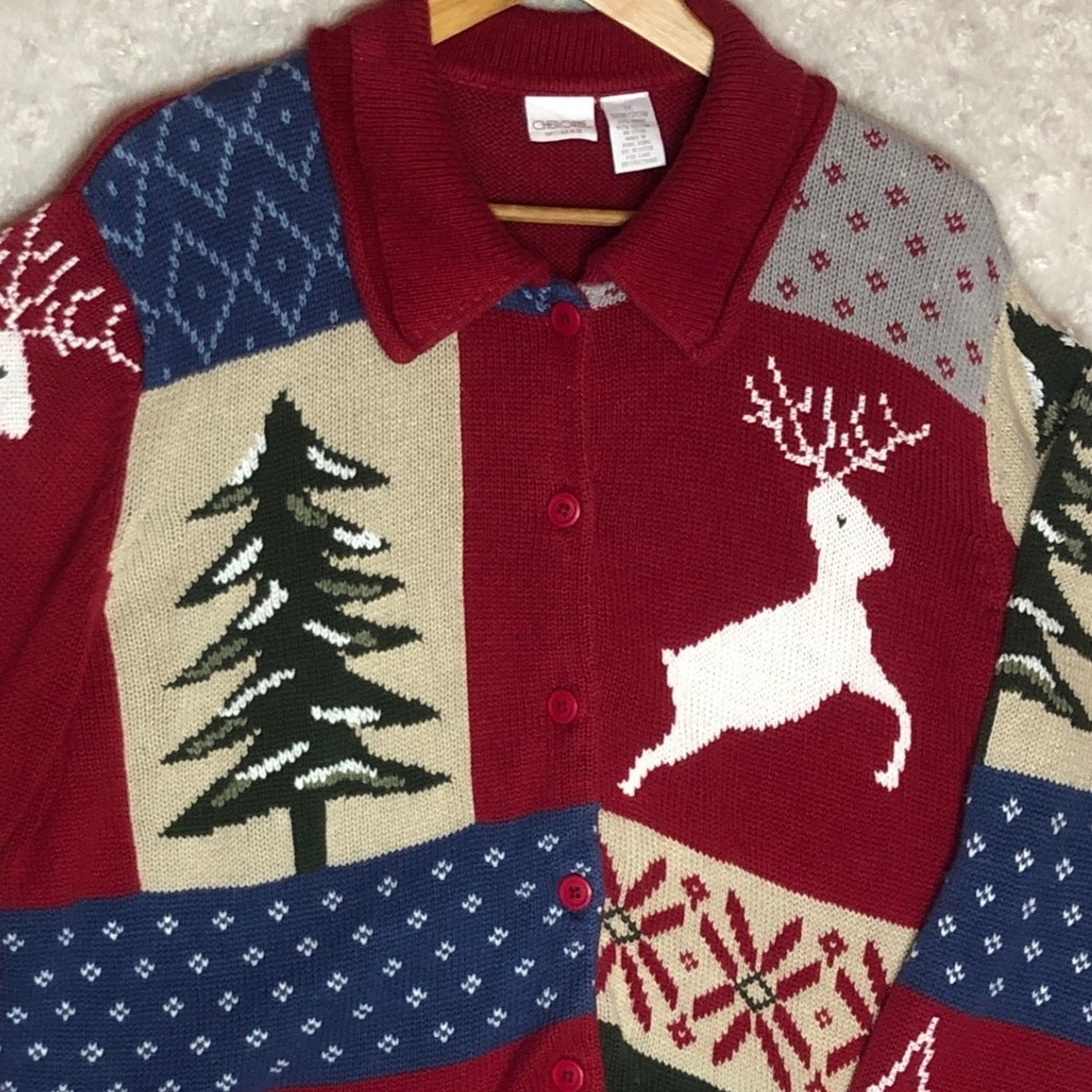 Cherokee Woman Christmas Cardigan Sweater Red Patchwork Reindeer Snowflake‎ 1X